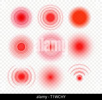 Radiale cerchi di dolore. Target di gradiente rosso simboli medici. Concept design per la farmacia. Dolore zona isolata illustrazione vettoriale su trasparente Illustrazione Vettoriale