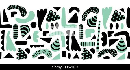 Contorno vettoriale orizzontale senza giunture moderne forme astratte di doodle. Pattern elementi semplici sfondo verde e nero. Stile scandinavo. Moderno felice Illustrazione Vettoriale