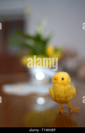 Felice Pasqua immagine - poco bambola di pollo su un tavolo con il fiore al di fuori della messa a fuoco. Foto Stock