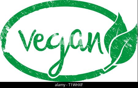 stampa di francobollo verde grugnoso con scritta vegan e foglia verde illustrazione vettoriale Illustrazione Vettoriale
