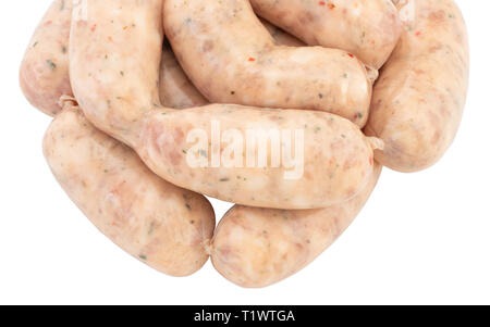 Materie salsicce di maiale su sfondo bianco con percorso di clipping. Foto Stock