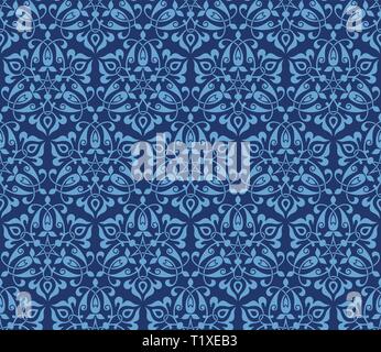 Vector seamless pattern luminoso con ornamenti floreali. Vintage elemento di design in stile orientale. Stile Arabo tradizionale su sfondo blu. Illustrazione Vettoriale
