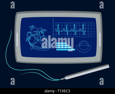 Orologio intelligente tecnologia indossabile cuore cardiologia.La frequenza cardiaca. Il tracker di fitness smart watch illustrazione con monitor per la frequenza cardiaca, piatto vettore cartoon sty Illustrazione Vettoriale