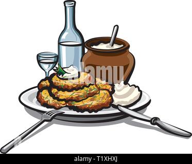 Illustrazione di fritti frittelle di patate con panna acida e la vodka Illustrazione Vettoriale