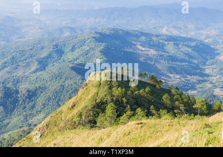 L'unità PHU Nom di Phu Langka Parco nazionale con il sole giallo luce Zoom. L'unità PHU Nom montagna con campo in erba verde albero e cloud. Thailandia del Nord travel Foto Stock