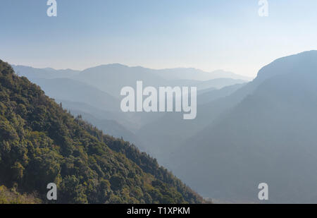 Coperta di foresta misty blue hills in mattinata sfuggente all'orizzonte. Bellissime tonalità di blu. Foto Stock