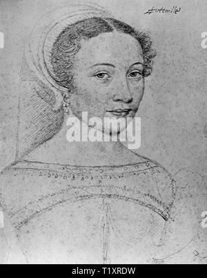 Belle arti, François Clouet (1510 - 1572), disegno Isabeau d'Hauteville, Dame de Chatillon, ritratto, il Musee Conde, Chantilly, Additional-Rights-Clearance-Info-Not-Available Foto Stock