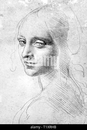 Belle arti, Leonardo da Vinci (1452 - 1519), il disegno di studio per l'angelo della Vergine delle Rocce, dopo il 1483, Biblioteca Reale di Torino, artista del diritto d'autore non deve essere cancellata Foto Stock