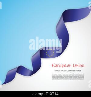 Banner di vettore nei colori del blu e del bianco e agitando il nastro con la bandiera dell'Unione europea. Modello per la progettazione di poster, opuscoli, materiali stampati, logo Illustrazione Vettoriale