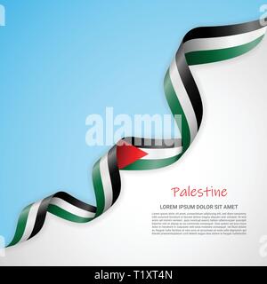 Banner di vettore nei colori del blu e del bianco e agitando il nastro con la bandiera della Palestina. Modello per la progettazione di poster, opuscoli, materiali stampati, logo Illustrazione Vettoriale