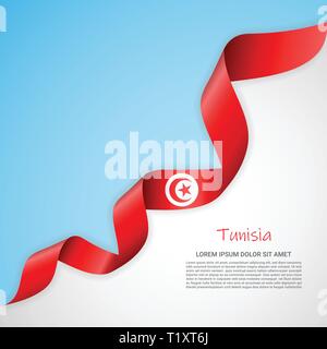 Banner di vettore nei colori del blu e del bianco e agitando il nastro con la bandiera della Tunisia. Modello per la progettazione di poster, opuscoli, materiali stampati, logo Illustrazione Vettoriale