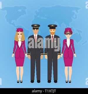 Illustrazione Vettoriale di pilota e hostess in abiti formali su sfondo blu con una mappa del mondo. Illustrazione Vettoriale