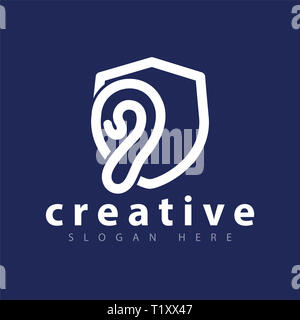 Ascoltare orecchio con scudo icona logo template vettoriale Foto Stock