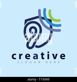 Ascoltare orecchio con scudo icona logo template vettoriale Foto Stock