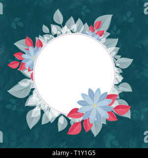 Round Flower frame per il testo, turchese. Un modulo, contro uno sfondo scuro, con le foglie e i fiori sul bordo. Design per una copertina di un album, il titl Foto Stock