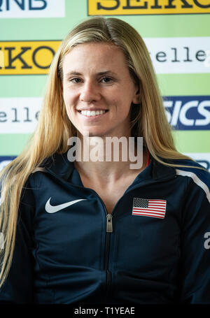 Aarhus, Danimarca. 29 mar 2019. Courtney Frerichs degli STATI UNITI D'AMERICA assiste la conferenza stampa in vista del mondo IAAF Cross Country Championships il 29 marzo 2019 ad Aarhus in Danimarca Credito: Gary Mitchell, GMP Media/Alamy Live News Foto Stock