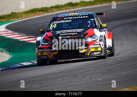 Circuito de Barcelona-Catalunya, Barcelona, Spagna. 29 Mar, 2019. FIA World Touring campionato, testing day 2; Johan Kristoffersson (SWE), Volkswagen Golf GTI TCR in azione durante il WTCR prova ufficiale Credito: Azione Sport Plus/Alamy Live News Foto Stock