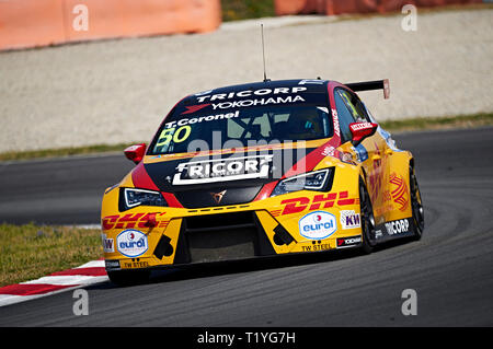 Circuito de Barcelona-Catalunya, Barcelona, Spagna. 29 Mar, 2019. FIA World Touring campionato, testing day 2; Tom Coronel (NLD), Comtoyou Racing, CUPRA TCR in azione durante il WTCR prova ufficiale Credito: Azione Sport Plus/Alamy Live News Foto Stock