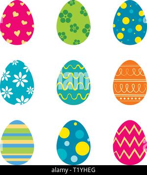 Set di uova di pasqua isolato in uno sfondo bianco. Moderno vettore di nuovo design con colori e motivi diversi. Illustrazione Vettoriale