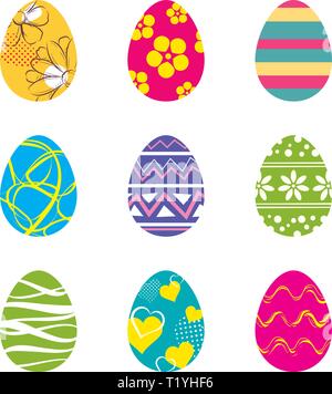 Set di uova di pasqua isolato in uno sfondo bianco. Moderno vettore di nuovo design con colori e motivi diversi. Illustrazione Vettoriale