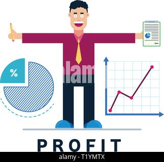 Il giovane uomo d affari carattere in t-shirt con cravatta con le sue mani sono accantonati . star fino icone grafico e lo schema di profitto vicino al suo corpo Illustrazione Vettoriale
