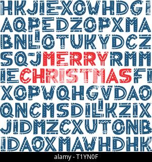 Merry Christmas pattern con set di diverse lettere. Cartolina di vettore di sfondo con parole scritte a mano Illustrazione Vettoriale