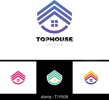 Immobili casa logo. Freccia superiore fino casa logotipo. Semplice icona home progettazione agli elementi del modello Illustrazione Vettoriale