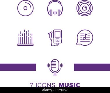 Semplice insieme di musica correlati Audio linea del vettore icone. Contiene le icone come nota, Disco, microfono e altro ancora. Illustrazione Vettoriale