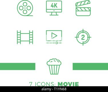 Semplice insieme di Cinema vettore correlati le icone della linea. Contiene le icone come film 4k, popcorn, clip video e altro ancora. Illustrazione Vettoriale