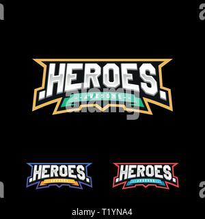Eroi o supereroi testo sport logo. Il vettore isolato per t-shirt tipografia in stile retrò emblema Illustrazione Vettoriale