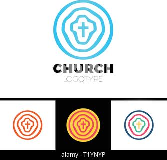 Logo della chiesa. Simboli cristiani. Cerchi, bersaglio e la croce di Gesù. Illustrazione Vettoriale