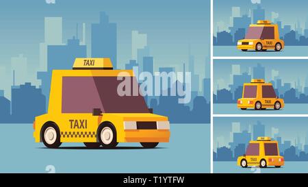 Yellow taxi auto. sul panorama della città sullo sfondo. Stile IsoFlat illustrazione vettoriale. Illustrazione Vettoriale