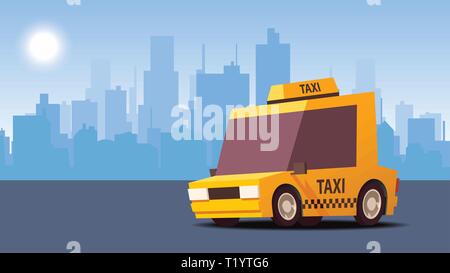 Yellow taxi auto. sul panorama della città sullo sfondo. Stile IsoFlat illustrazione vettoriale. Illustrazione Vettoriale