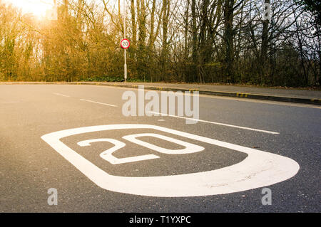 20 MPH segno post e dipinta su strada Foto Stock