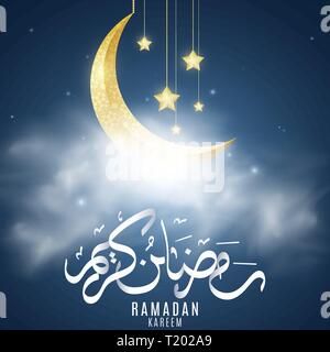 Golden luna con stelle pensili in nubi. Biglietto di auguri per il Ramadan Kareem. La religione Santo Mese. Eid Mubarak. Disegnato a mano la calligrafia Araba. Sk stellato Illustrazione Vettoriale