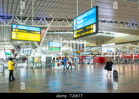 Terminale di partenza interno al King Shaka International Airport(Durban), Re Shaka Drive, la misericordia, KwaZulu-Natal, Sud Africa Foto Stock