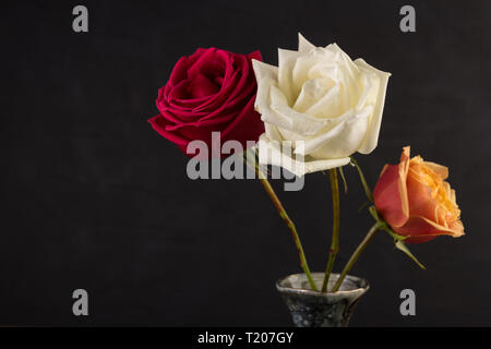 Tre Rose closeup immagine in piccolo vaso in marmo su sfondo nero Foto Stock