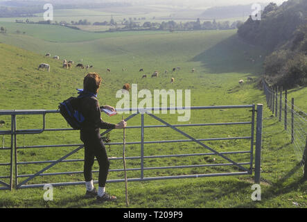 Donna escursionista lungo la North Downs Way vicino Thurnham, Kent, England, Regno Unito Foto Stock