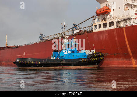 Operazioni portuali per la gestione e il trasporto di minerali di ferro.Tirare la manovra e girando il trasbordo nave prima di docking e di carico di minerale fino al molo Foto Stock