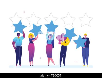 Società di classificazione - piatto stile design illustrazione colorata su sfondo bianco. Un team creativo, gruppo di persone mettere stelle, la stima di un servizio Illustrazione Vettoriale