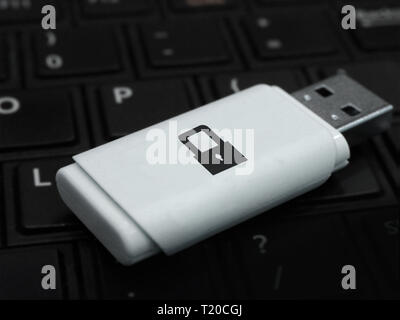 Drive flash USB con icona a forma di lucchetto, su di una tastiera di notebook. Chiave privata per la protezione dei dati. Sicure e criptate periferica di archiviazione rimovibile. Foto Stock