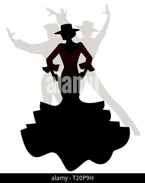 Sagome di donna e due uomini spagnolo ballerini di flamenco. Illustrazione Vettoriale