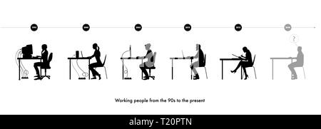 Sagome di uomini e donne che lavorano su computer a partire dagli anni novanta la presente Illustrazione Vettoriale
