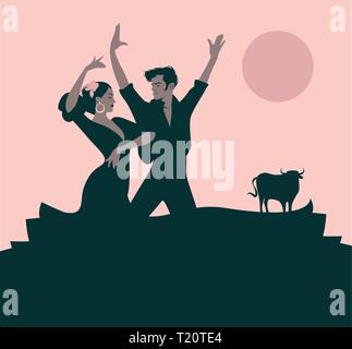 Coppia di ballerini di flamenco dancing 'sevillanas', tipica danza spagnola. Bull, luna o sun in background. Illustrazione Vettoriale
