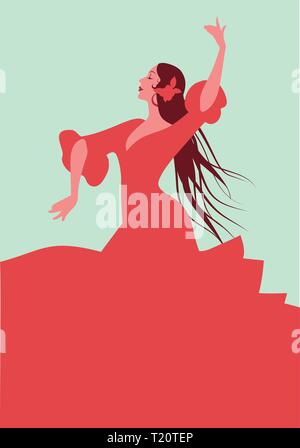 Bella ballerino spagnolo di flamenco, indossando elegante abito rosso e fiore nei suoi lunghi capelli Illustrazione Vettoriale