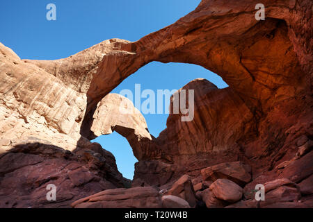 Il doppio arco, Arches National Park nello Utah, America. Foto Stock