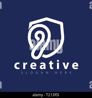 Ascoltare orecchio con scudo icona logo template vettoriale Illustrazione Vettoriale