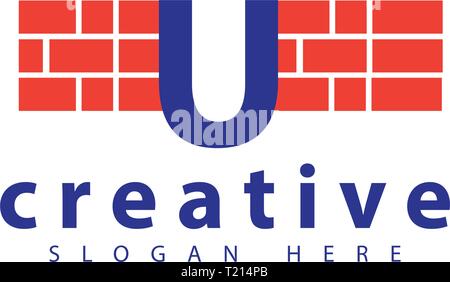 Lettera U con mattoni icona logo template vettoriale Illustrazione Vettoriale
