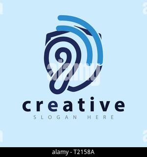 Ascoltare orecchio con scudo icona logo template vettoriale Illustrazione Vettoriale