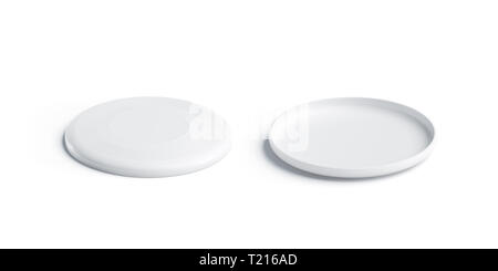 Vuoto in plastica bianca frisbee mockup, isolato, anteriore e posteriore, vista laterale, rendering 3d. Cerchio vuoto giocattolo per tempo libero mock up. Cancellare sport giocattolo per modello di ricreazione. Foto Stock